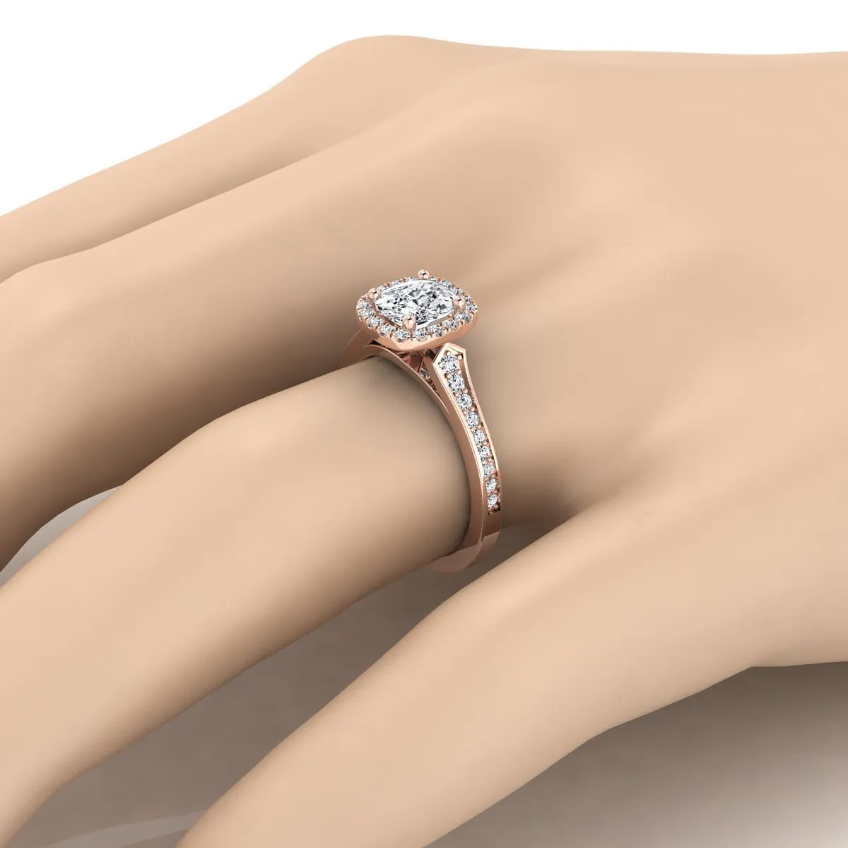 14K Rose Gold Cushion Diamond Classic Halo with Channel French Pave Engagement RIng  -1/3ctw