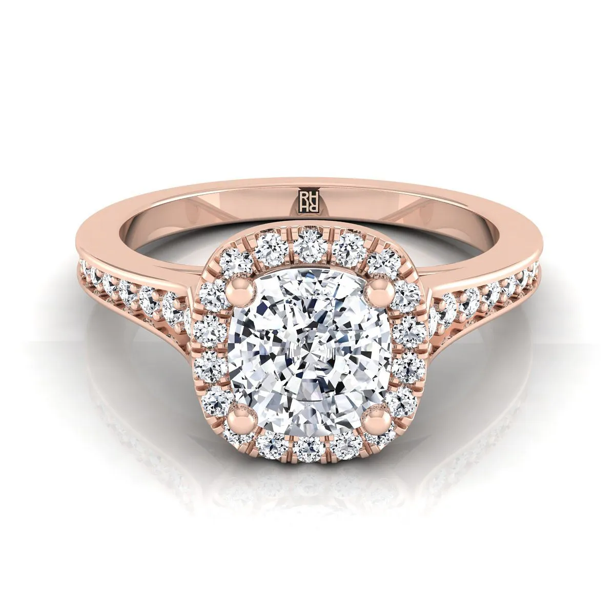 14K Rose Gold Cushion Diamond Classic Halo with Channel French Pave Engagement RIng  -1/3ctw