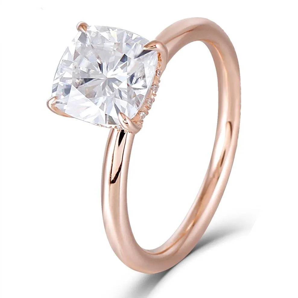 14k Rose Gold Hidden Halo Cushion Cut Moissanite Ring 1.5ct