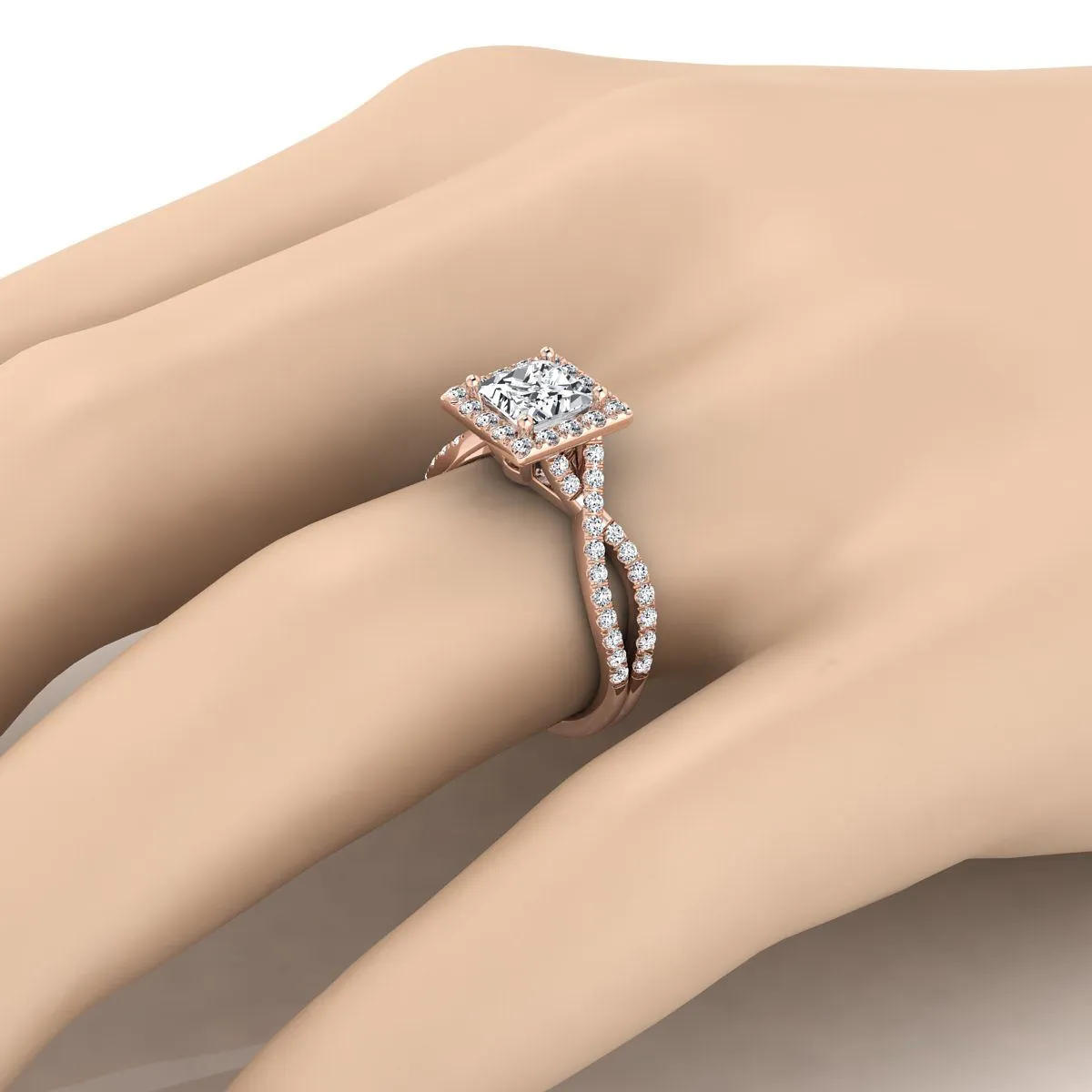 14K Rose Gold Princess Cut Diamond  Twisted Scalloped Pavé Halo Center Engagement Ring -1/2ctw