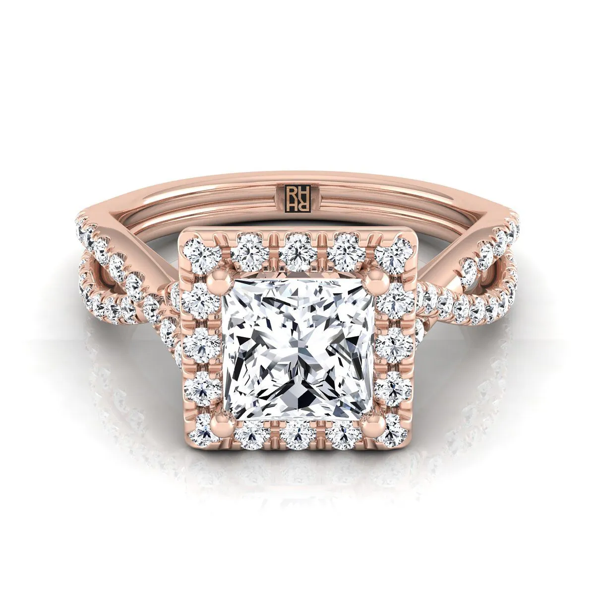 14K Rose Gold Princess Cut Diamond  Twisted Scalloped Pavé Halo Center Engagement Ring -1/2ctw