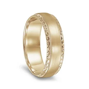 14k Yellow Gold Brushed Finish Men’s Milgrain Ring with Cut Pattern Beveled Edges - 6.5mm