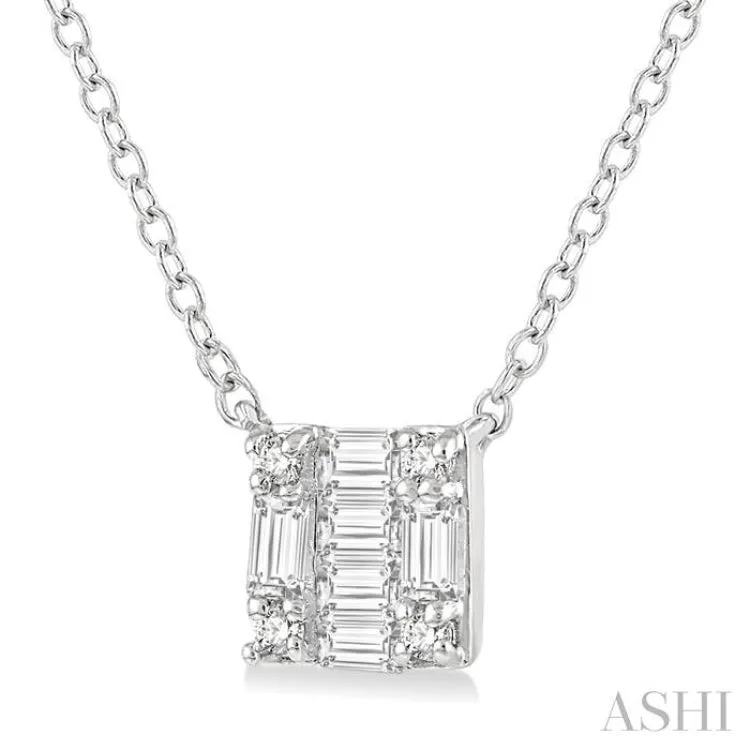 1/8 Ctw Square Shape Baguette and Round Cut Diamond Petite Fashion Pendant With Chain in 14KWhite Gold