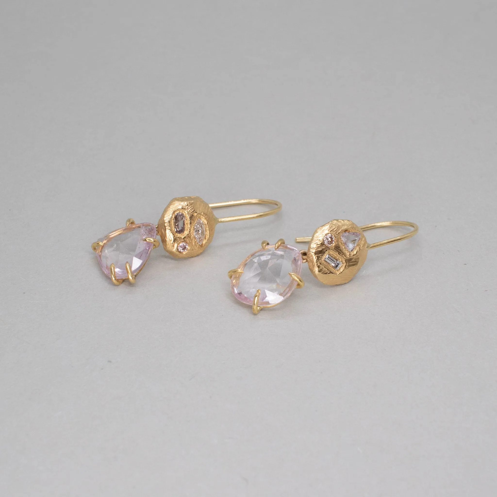 18K Geometric Rustic Diamond and Sapphire Drop Earrings