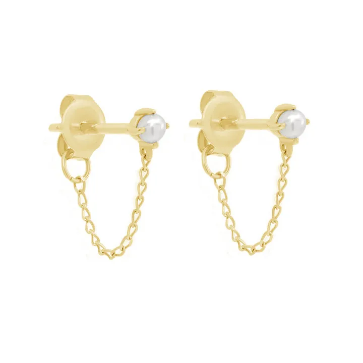 18k/925 Vermeil  Freshwater Pearl with Chain Stud Earrings