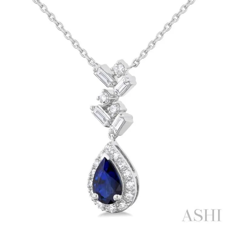 6X4MM Pear Cut Sapphire and 1/5 ctw Scatter Baguette & Single Cut Halo Diamond Precious Necklace in 10K White Gold