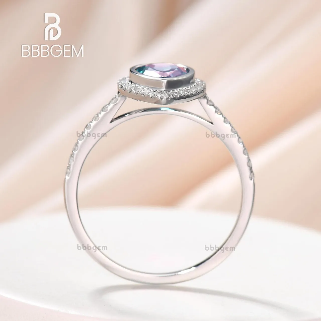 8x6mm Pear Alexandrite Bezel Ring Halo 14K 18K White Gold Alexandrite-r003