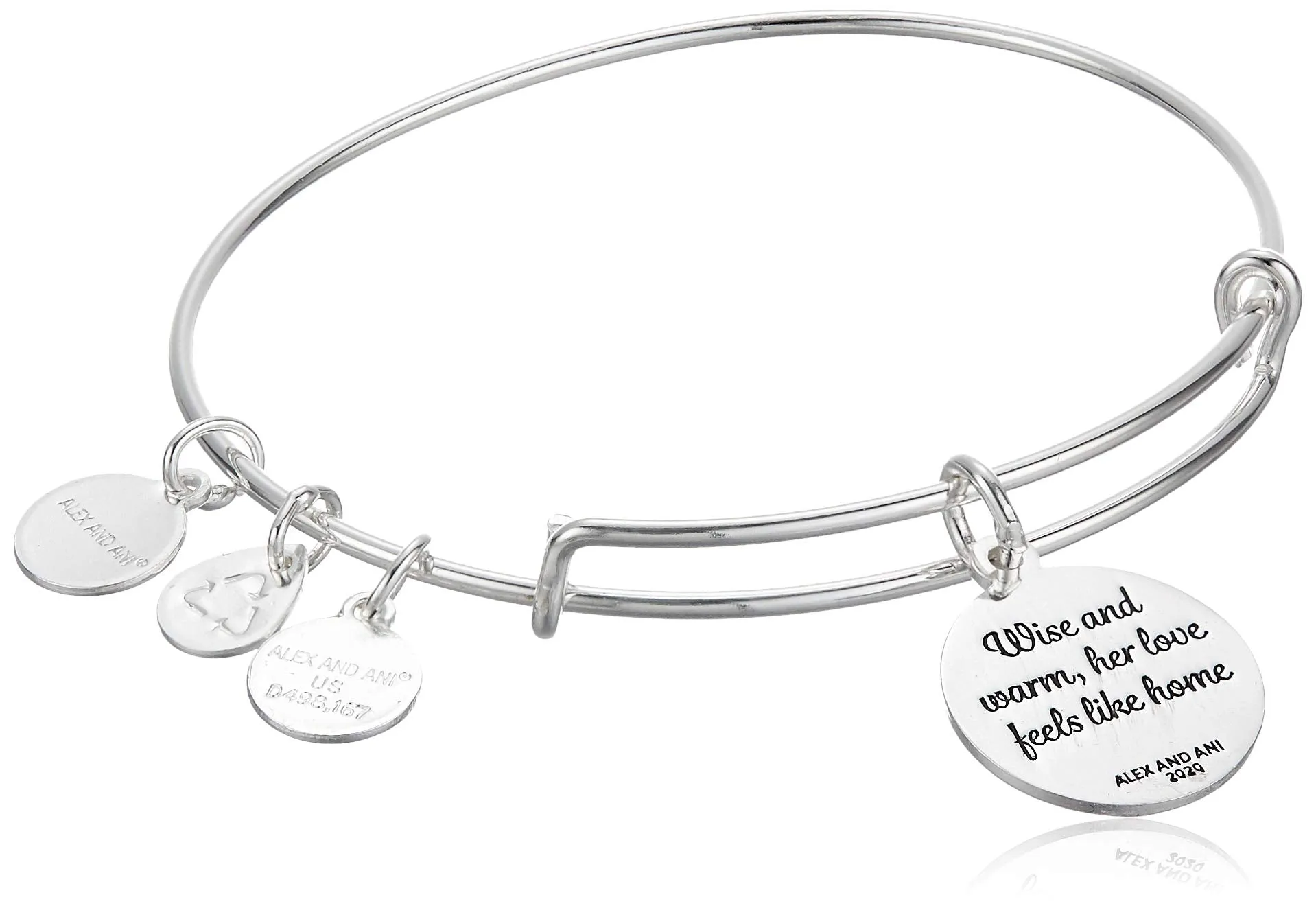 Alex and Ani Because I Love You Grandma Expandable Wire Bangle Bracelet for Women, Wise and Warm Charm, Shiny Antique Silver Finish, 2 to 3.5 in