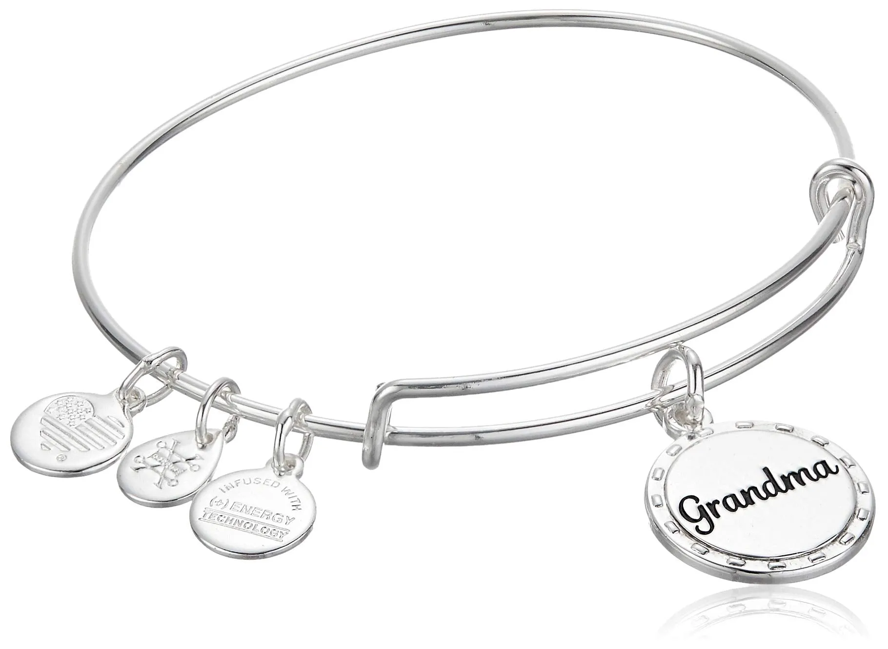 Alex and Ani Because I Love You Grandma Expandable Wire Bangle Bracelet for Women, Wise and Warm Charm, Shiny Antique Silver Finish, 2 to 3.5 in