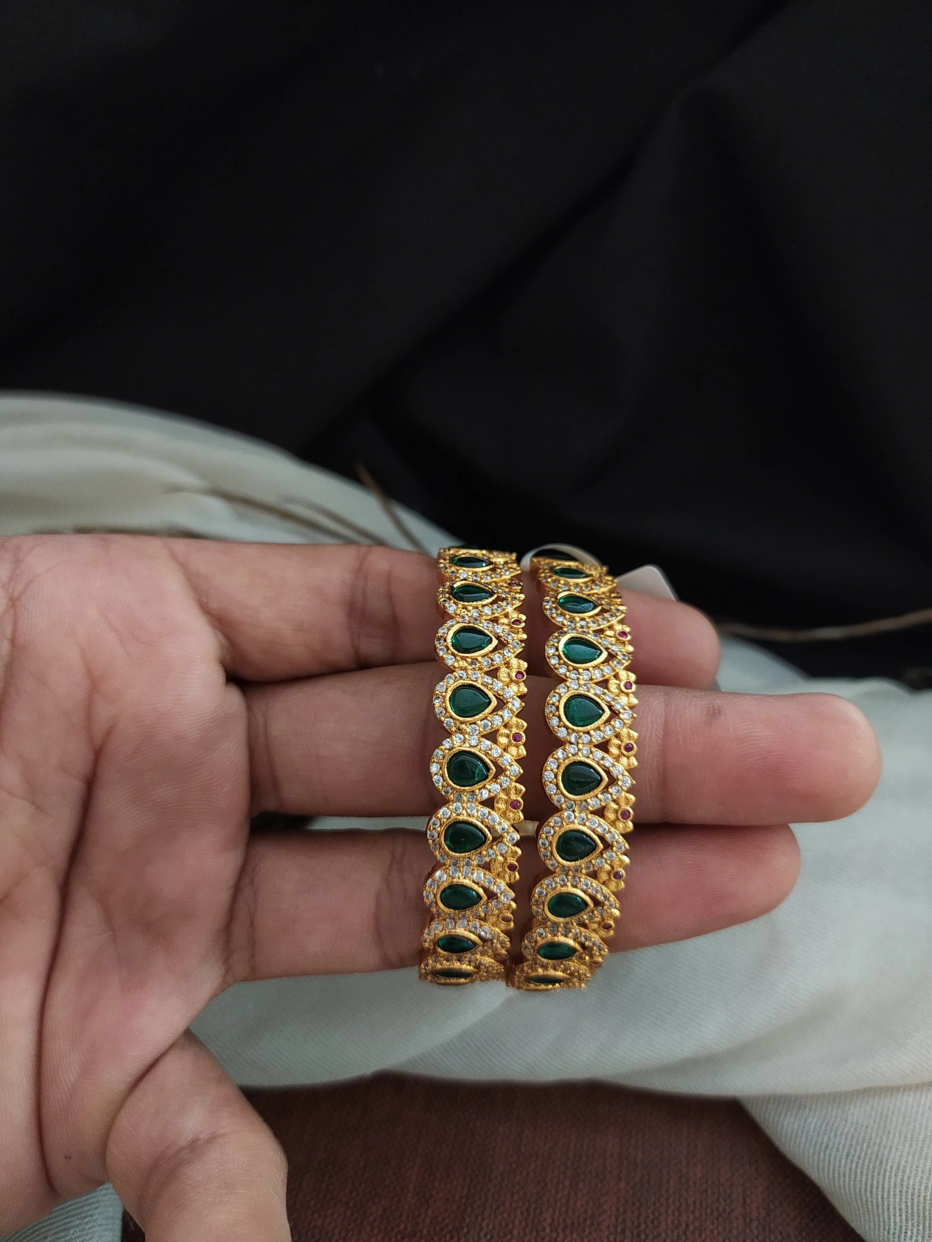 Antique Tilak Shape Bangles with Emerald and Zircon Stones