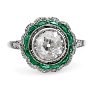 Art Deco Inspired 1.82 Carat Old European Diamond Emerald Platinum Halo Ring