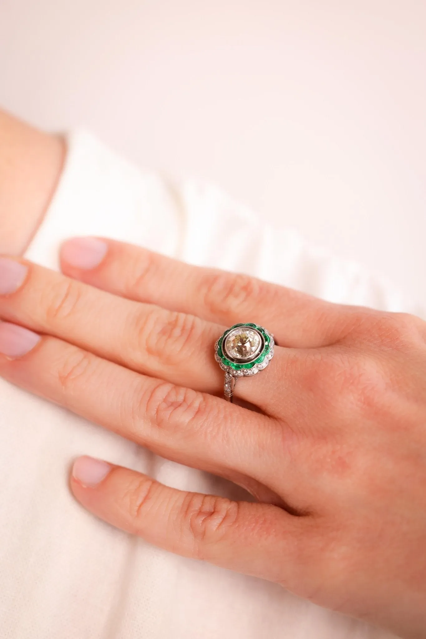 Art Deco Inspired 1.82 Carat Old European Diamond Emerald Platinum Halo Ring