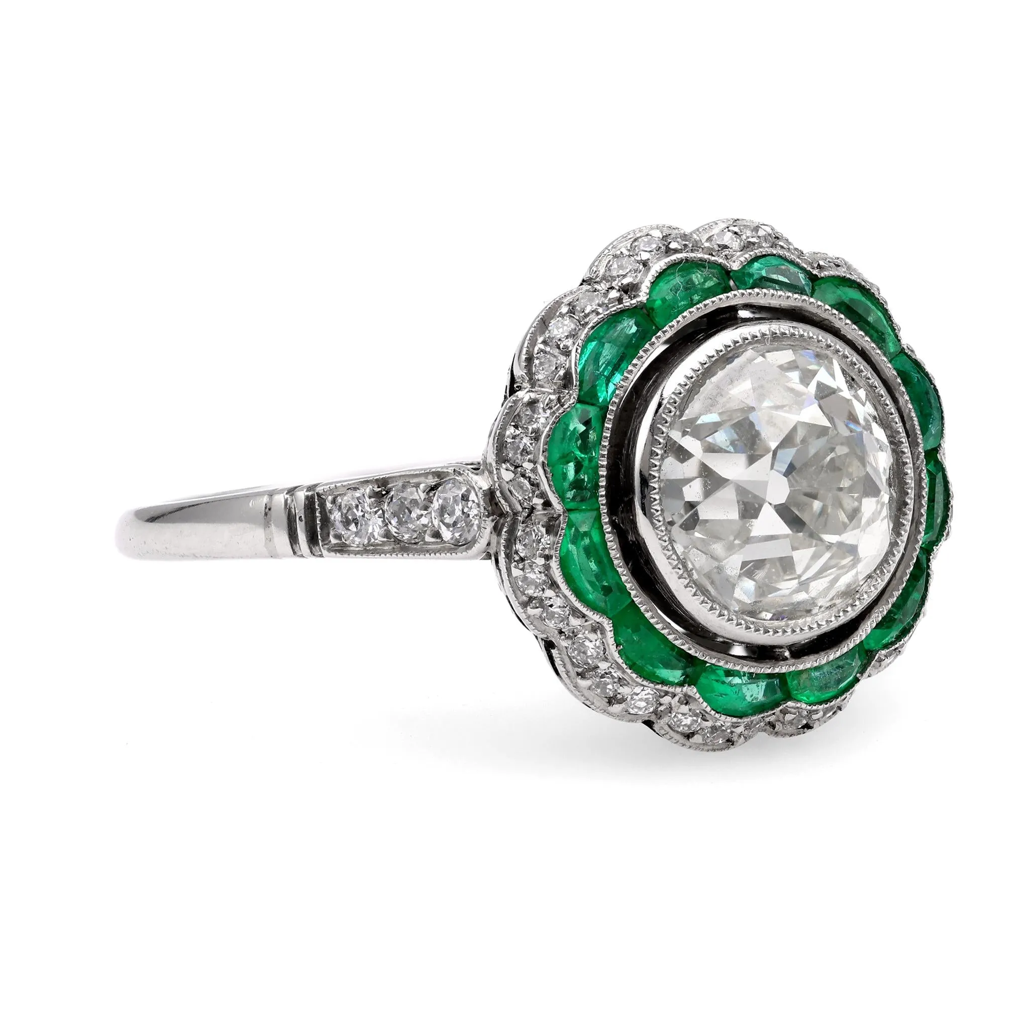 Art Deco Inspired 1.82 Carat Old European Diamond Emerald Platinum Halo Ring