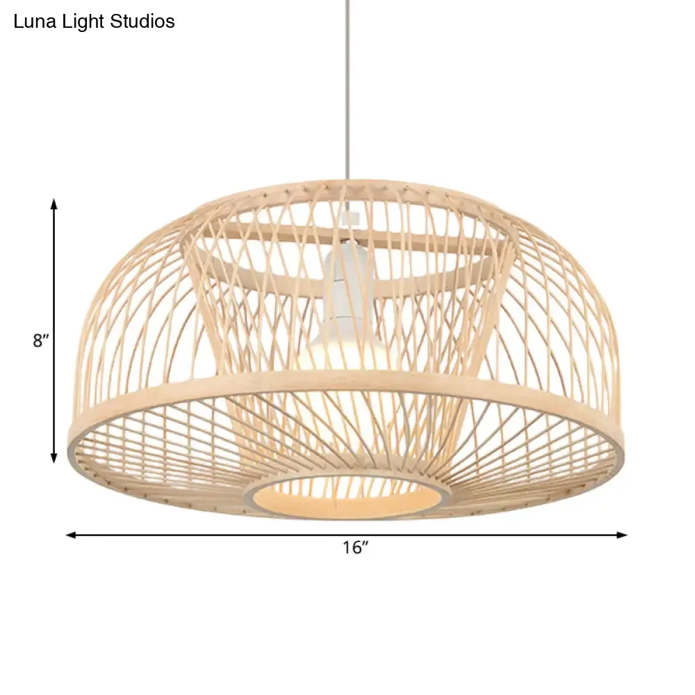 Asian Style Beige Bamboo Pendant Light for Living Room - Domed Ceiling Hanging with 1 Head