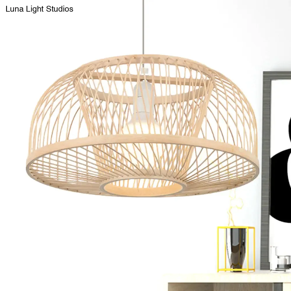 Asian Style Beige Bamboo Pendant Light for Living Room - Domed Ceiling Hanging with 1 Head