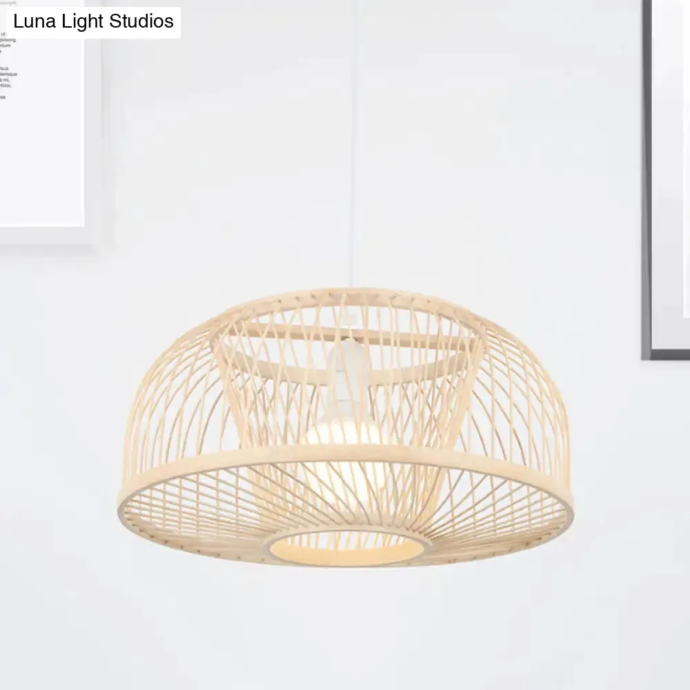 Asian Style Beige Bamboo Pendant Light for Living Room - Domed Ceiling Hanging with 1 Head