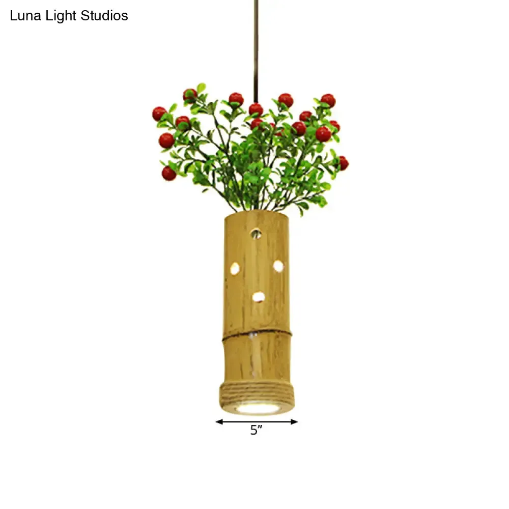 Bamboo Pendant Ceiling Lamp - Flute Coffee Shop - Single Industrial Light, Beige Color