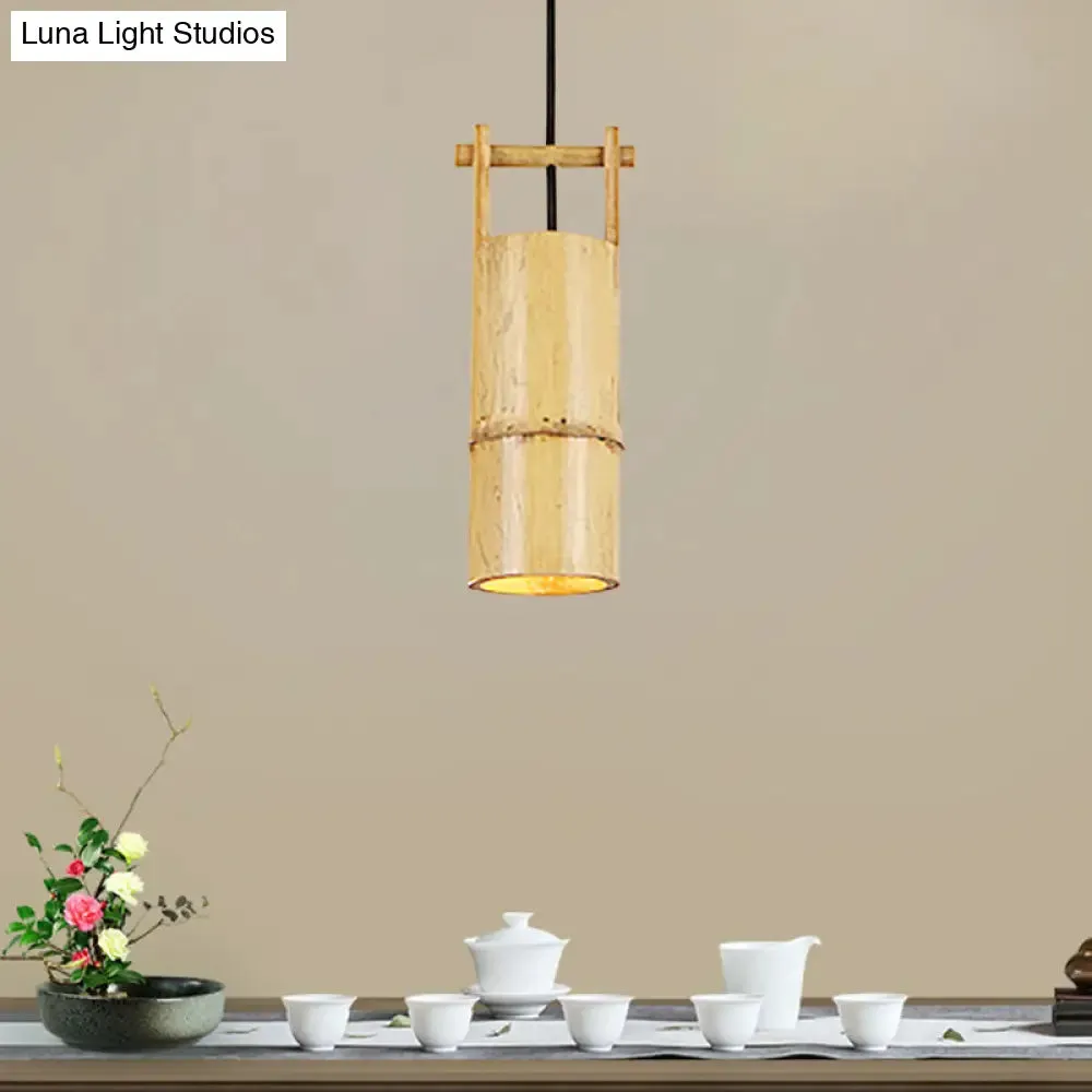 Bamboo Pendant Ceiling Lamp - Flute Coffee Shop - Single Industrial Light, Beige Color