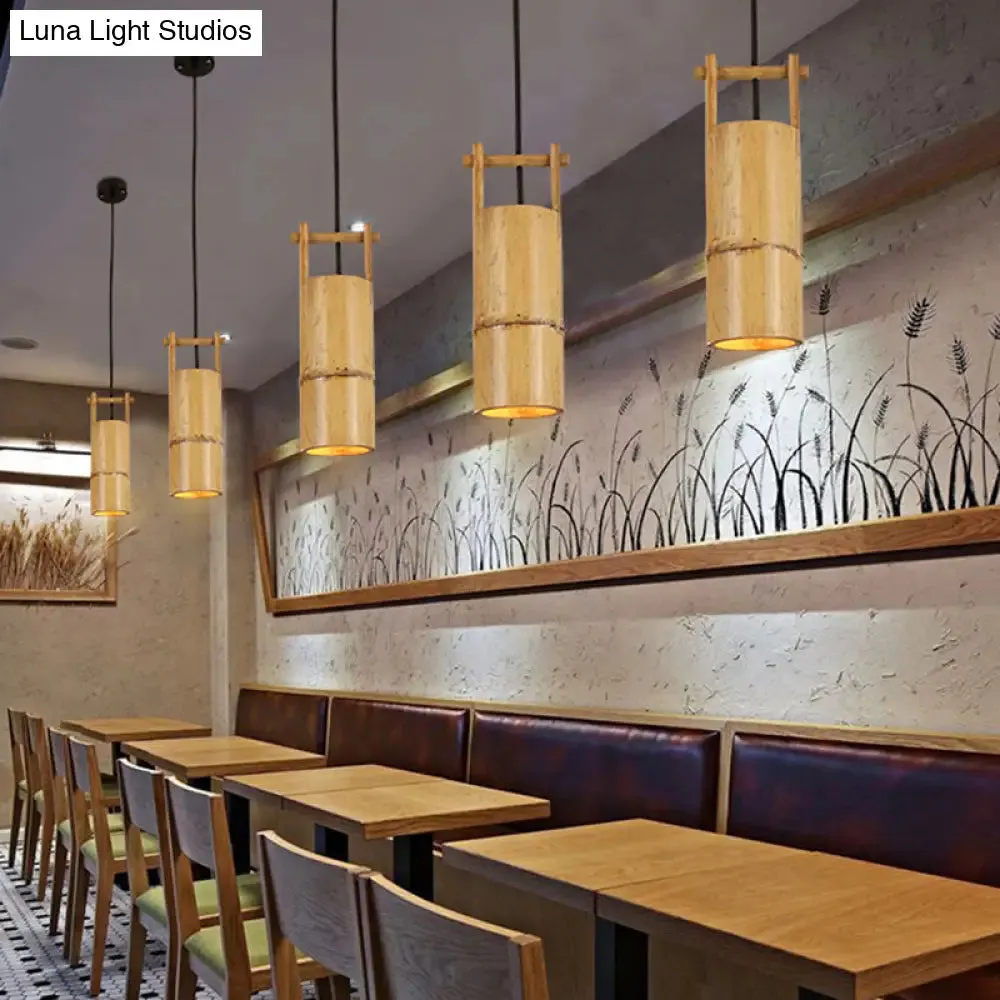 Bamboo Pendant Ceiling Lamp - Flute Coffee Shop - Single Industrial Light, Beige Color