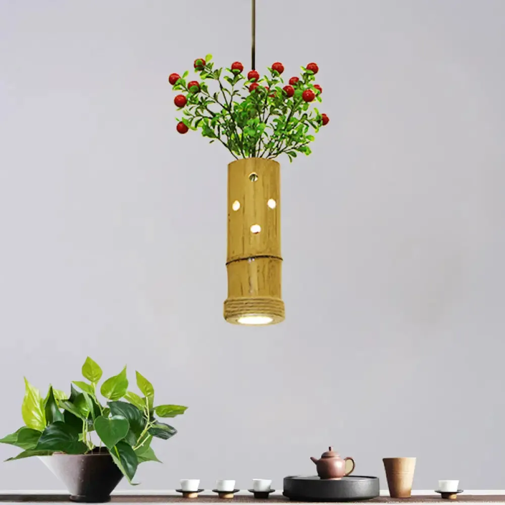 Bamboo Pendant Ceiling Lamp - Flute Coffee Shop - Single Industrial Light, Beige Color