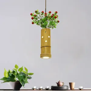 Bamboo Pendant Ceiling Lamp - Flute Coffee Shop - Single Industrial Light, Beige Color