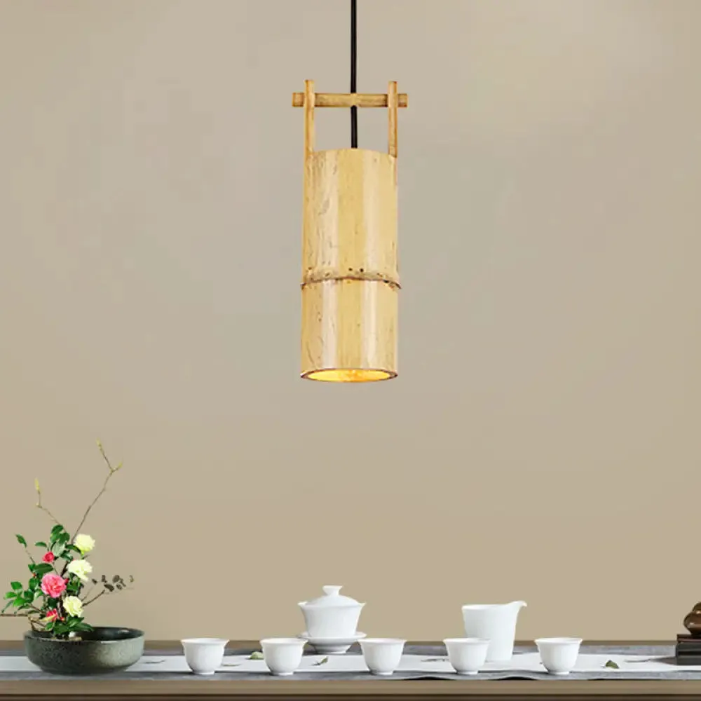 Bamboo Pendant Ceiling Lamp - Flute Coffee Shop - Single Industrial Light, Beige Color