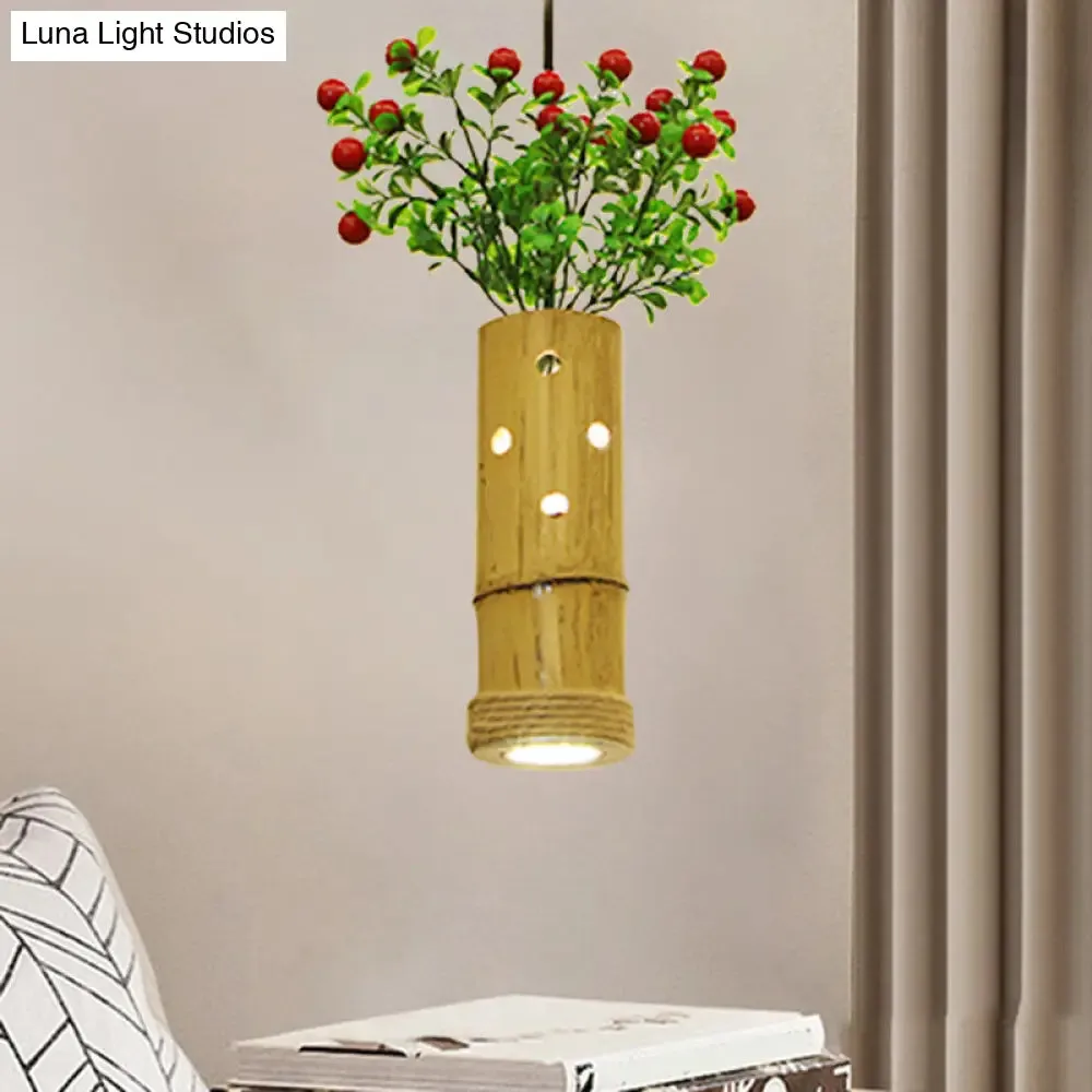 Bamboo Pendant Ceiling Lamp - Flute Coffee Shop - Single Industrial Light, Beige Color