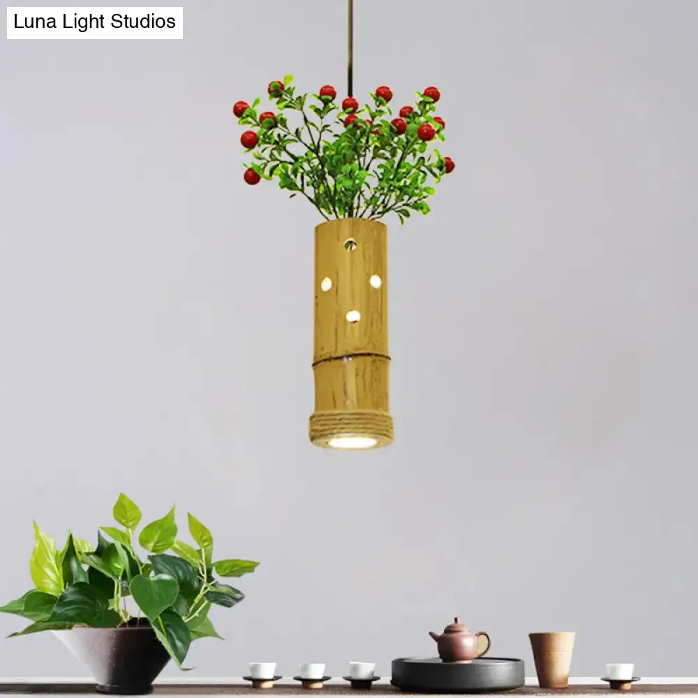 Bamboo Pendant Ceiling Lamp - Flute Coffee Shop - Single Industrial Light, Beige Color