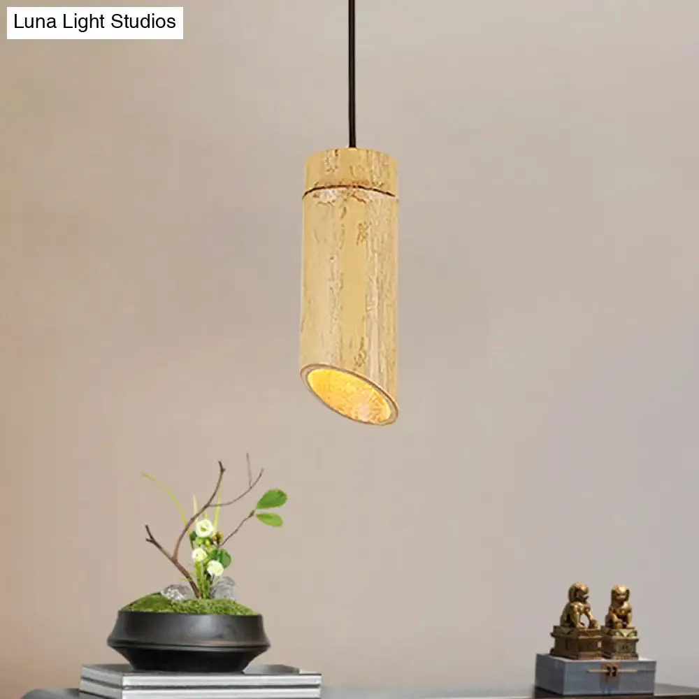 Bamboo Pendant Ceiling Lamp - Flute Coffee Shop - Single Industrial Light, Beige Color