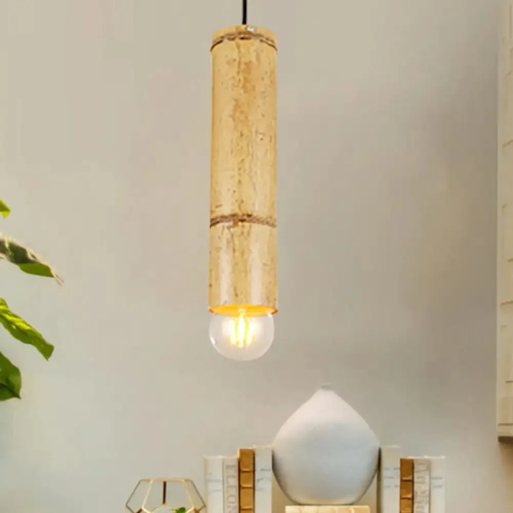 Bamboo Pendant Ceiling Lamp - Flute Coffee Shop - Single Industrial Light, Beige Color