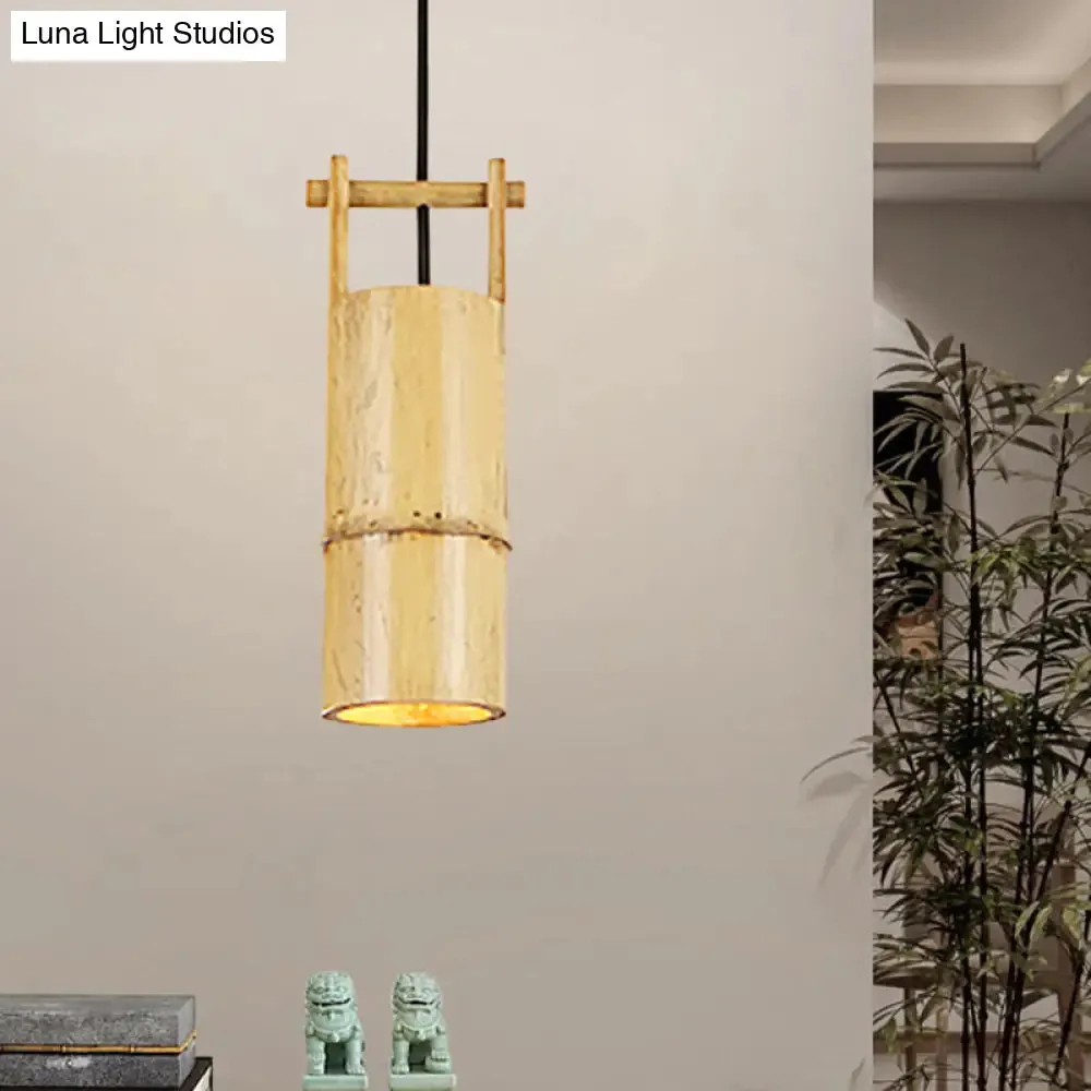 Bamboo Pendant Ceiling Lamp - Flute Coffee Shop - Single Industrial Light, Beige Color