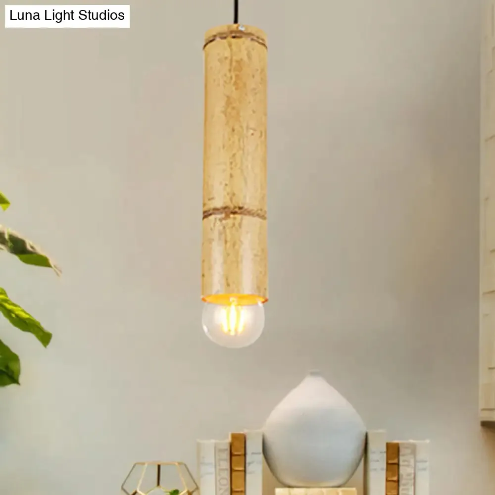 Bamboo Pendant Ceiling Lamp - Flute Coffee Shop - Single Industrial Light, Beige Color