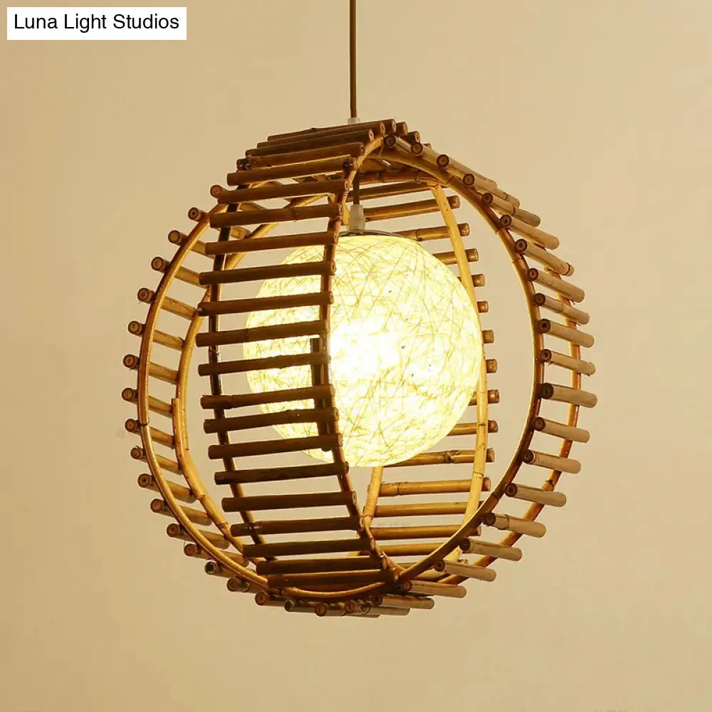 Bamboo Sphere Pendant Light - Asian Style - Khaki - Ideal for Bedroom Lighting