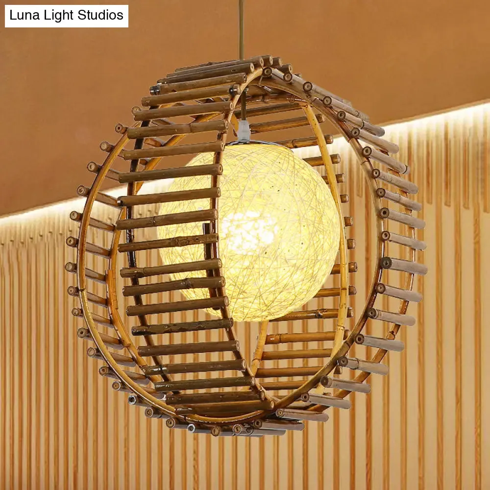 Bamboo Sphere Pendant Light - Asian Style - Khaki - Ideal for Bedroom Lighting