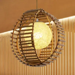 Bamboo Sphere Pendant Light - Asian Style - Khaki - Ideal for Bedroom Lighting