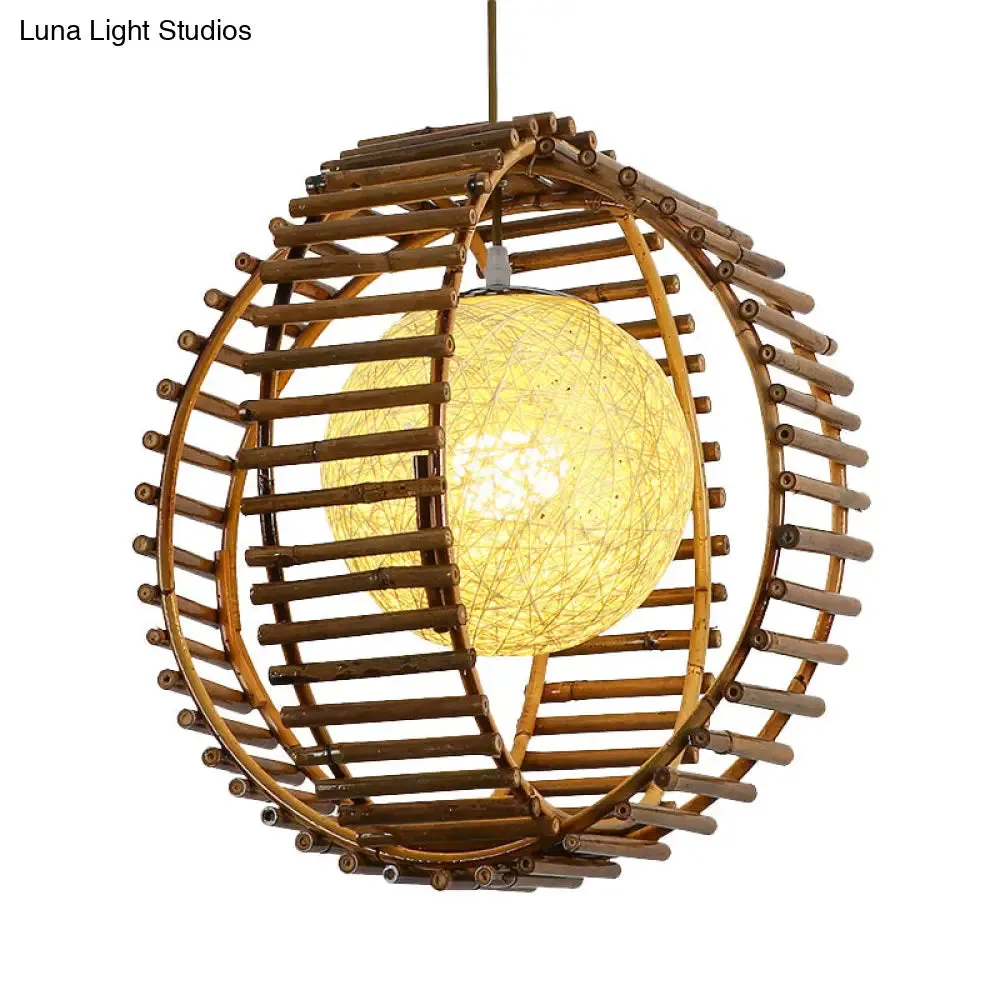 Bamboo Sphere Pendant Light - Asian Style - Khaki - Ideal for Bedroom Lighting