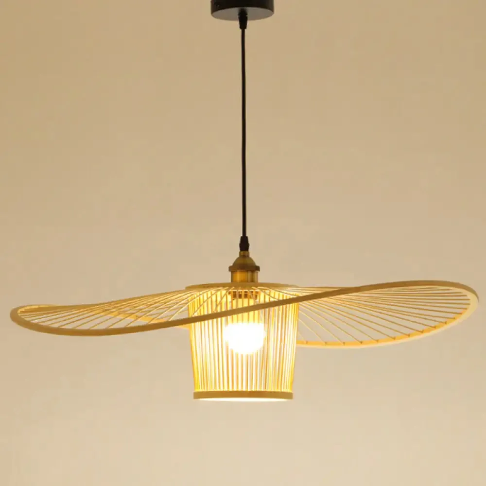 Bamboo Weaving Drum Shade Hanging Light with Fisherman's Hat Design - Perfect for Dining Room