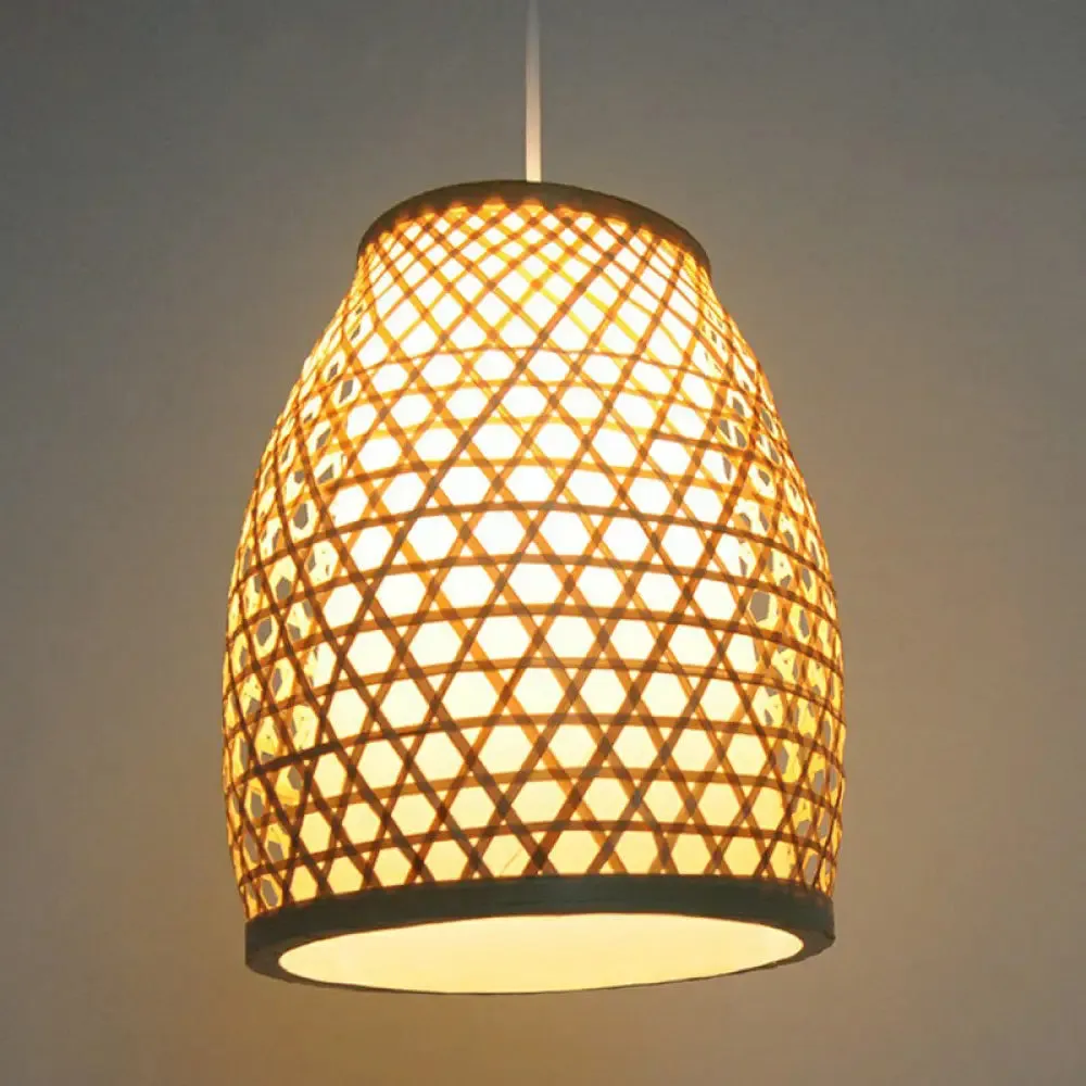 Bell Shaped Bamboo Hanging Lamp - Chinese Style for Dining Room with 1-Light and Beige Down Lighting