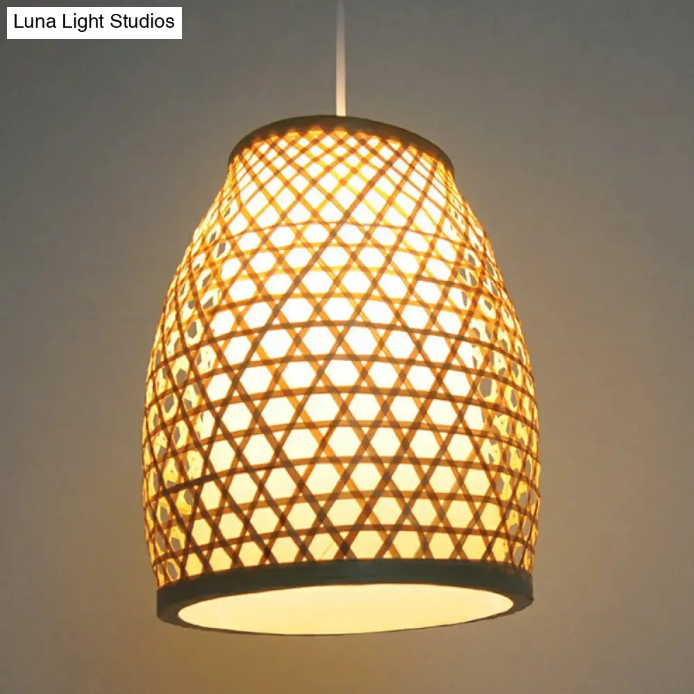 Bell Shaped Bamboo Hanging Lamp - Chinese Style for Dining Room with 1-Light and Beige Down Lighting