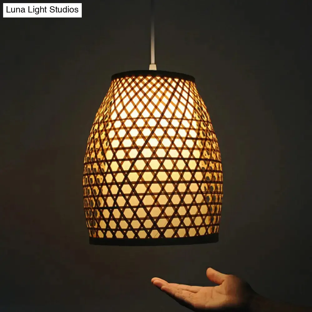 Bell Shaped Bamboo Hanging Lamp - Chinese Style for Dining Room with 1-Light and Beige Down Lighting