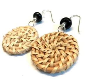 Black Glass Beaded Woven Wicker Earrings