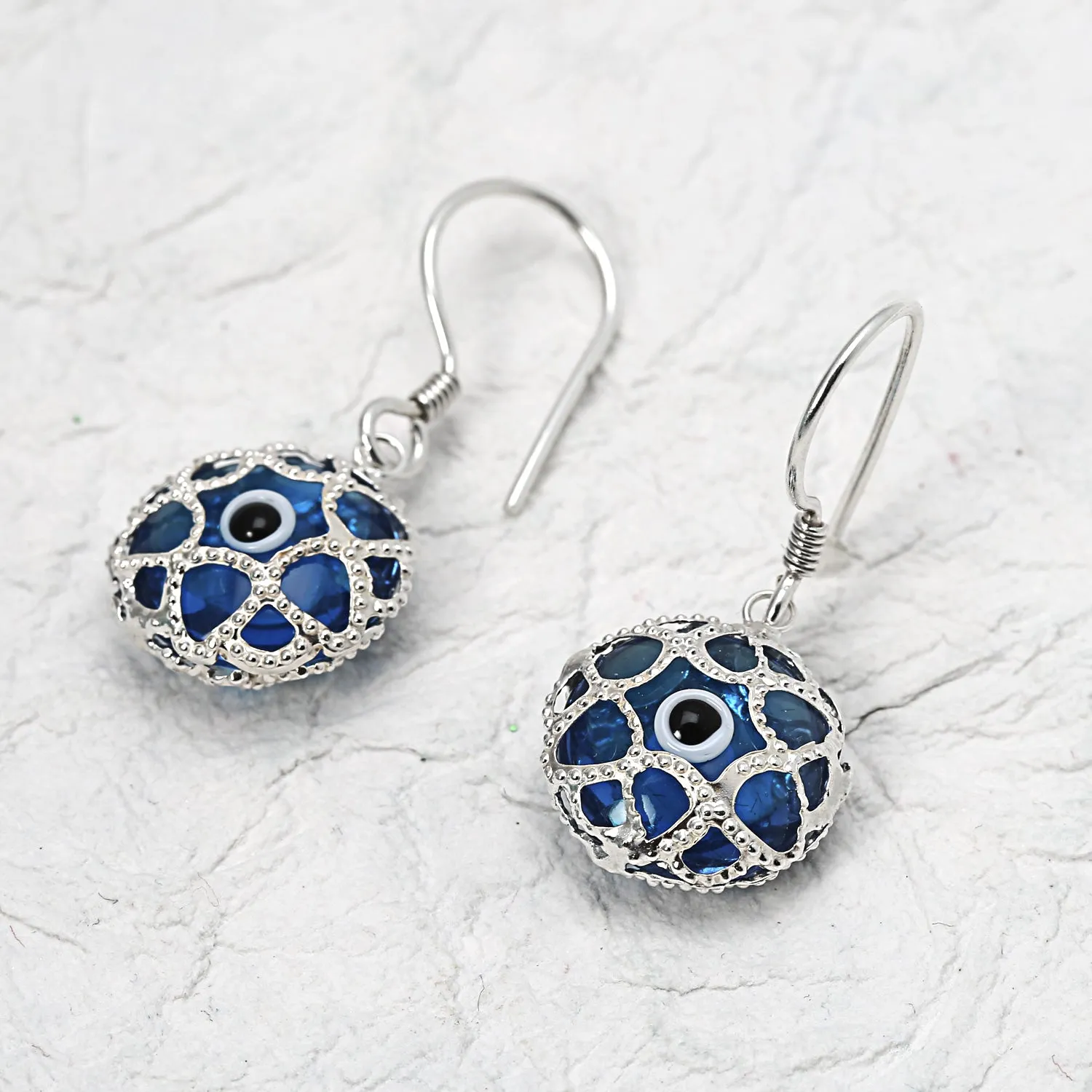 Blue Nazar Evil Eye Filigree Dangle Earrings Murano Glass &  Sterling Silver