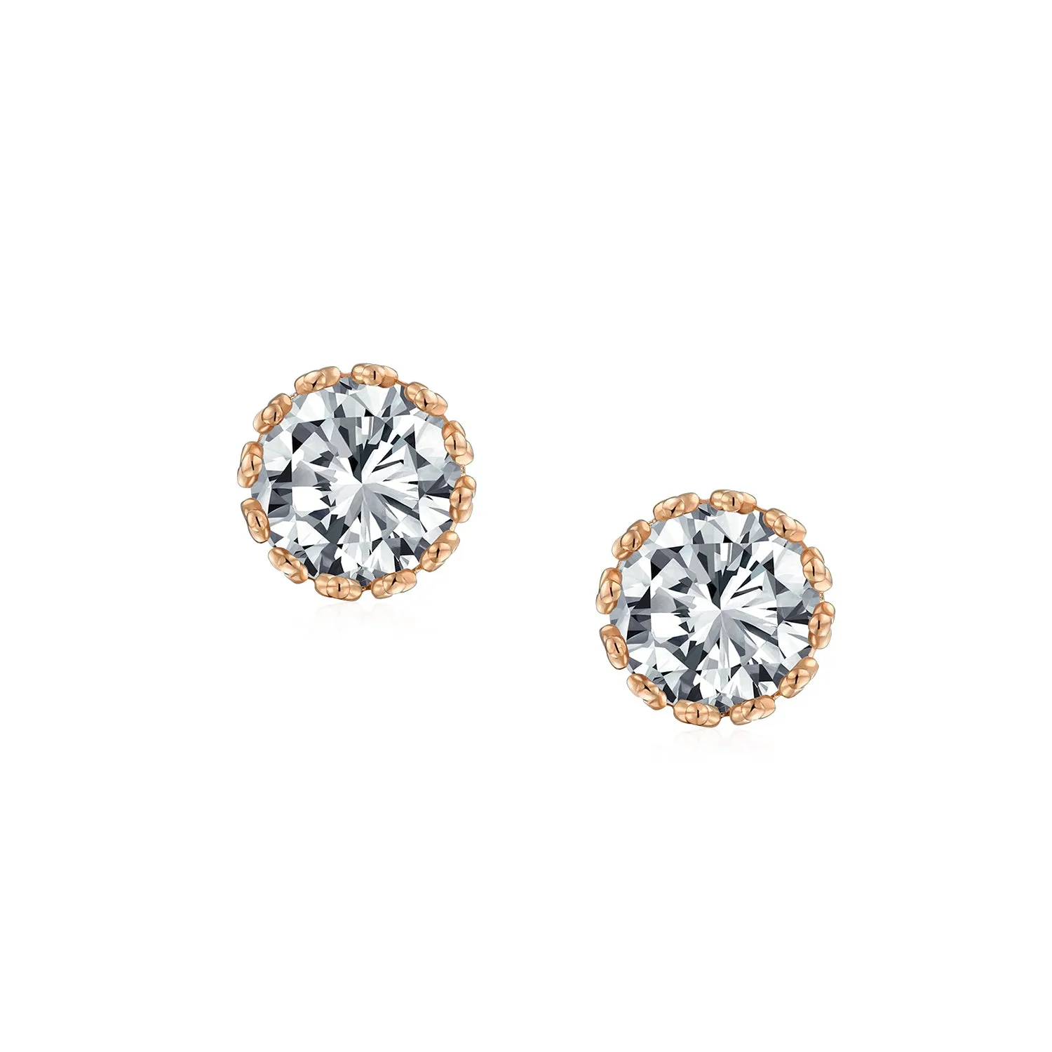 Brilliant CZ Stud Earrings Crown Basket Set for Men in 14K Rose Gold Sterling Silver