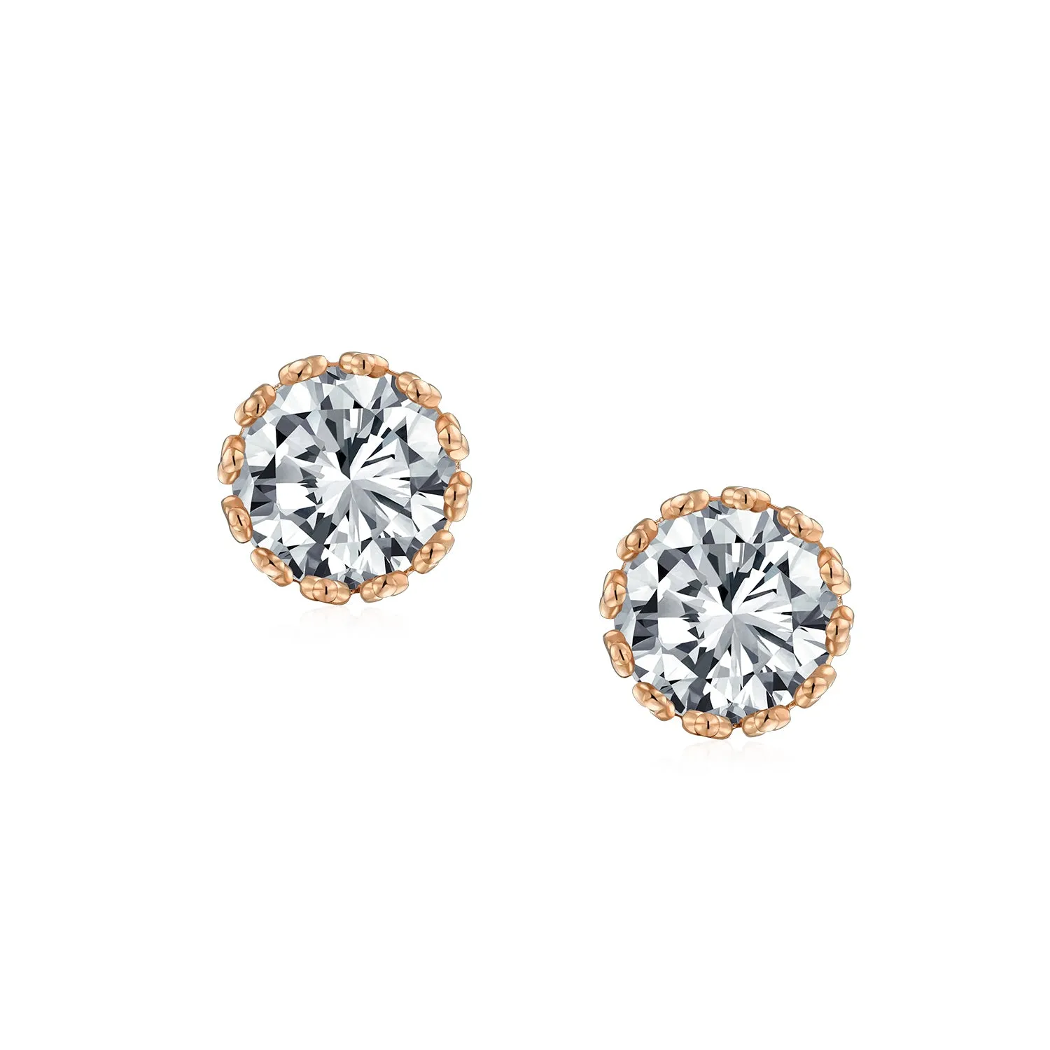 Brilliant CZ Stud Earrings Crown Basket Set for Men in 14K Rose Gold Sterling Silver