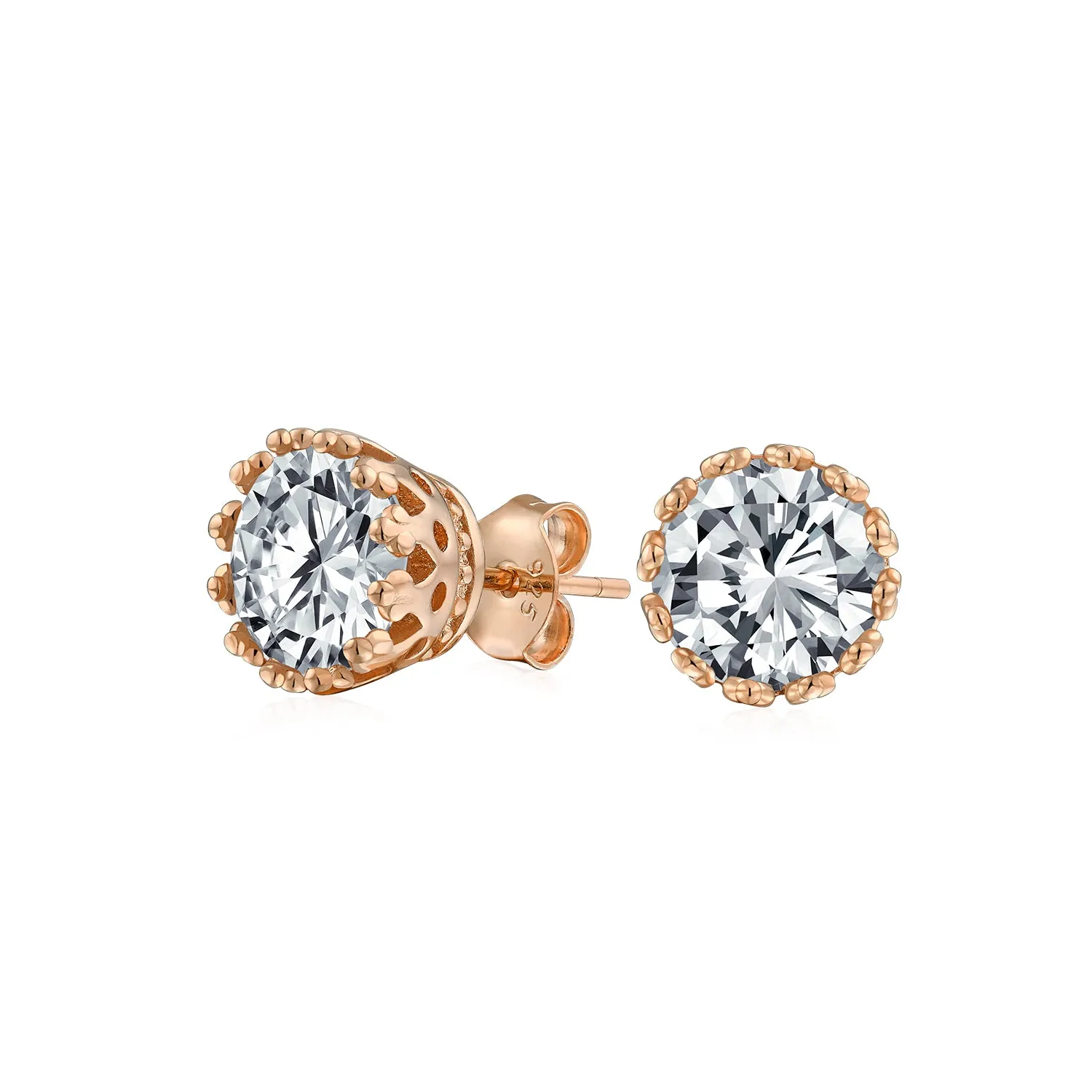 Brilliant CZ Stud Earrings Crown Basket Set for Men in 14K Rose Gold Sterling Silver