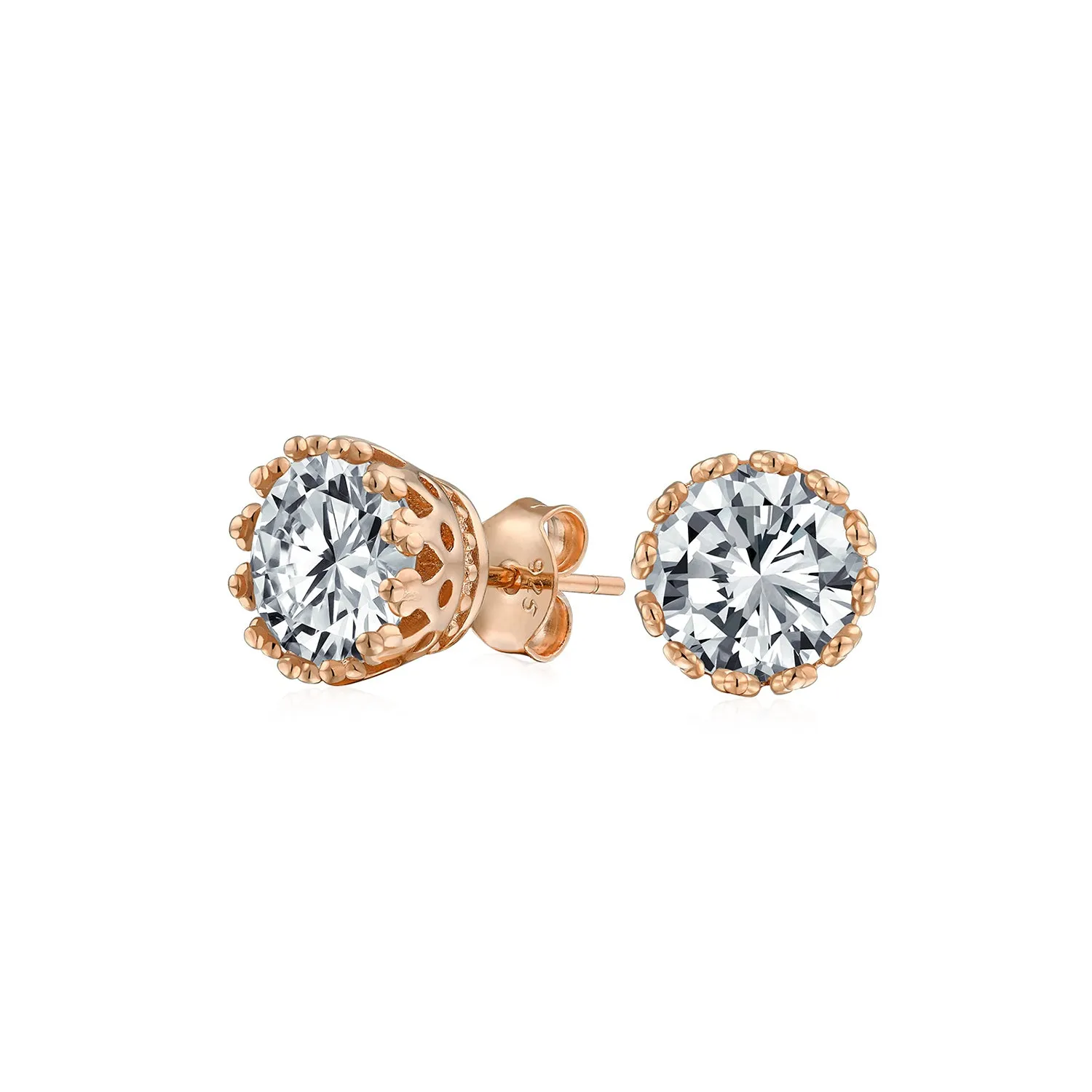 Brilliant CZ Stud Earrings Crown Basket Set for Men in 14K Rose Gold Sterling Silver