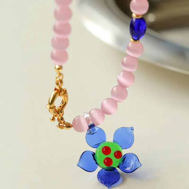 Colorful Cat's Eye Daisy Flower Beaded Necklace