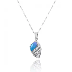 Conch Shell with Blue Opal and White CZ Sterling Silver Pendant Necklace