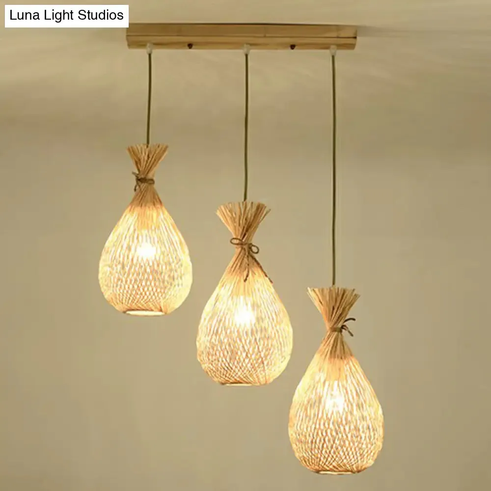 Cottage Bamboo Cluster Pendant Light Fixture - Wood Teardrop Shape, 3 Heads