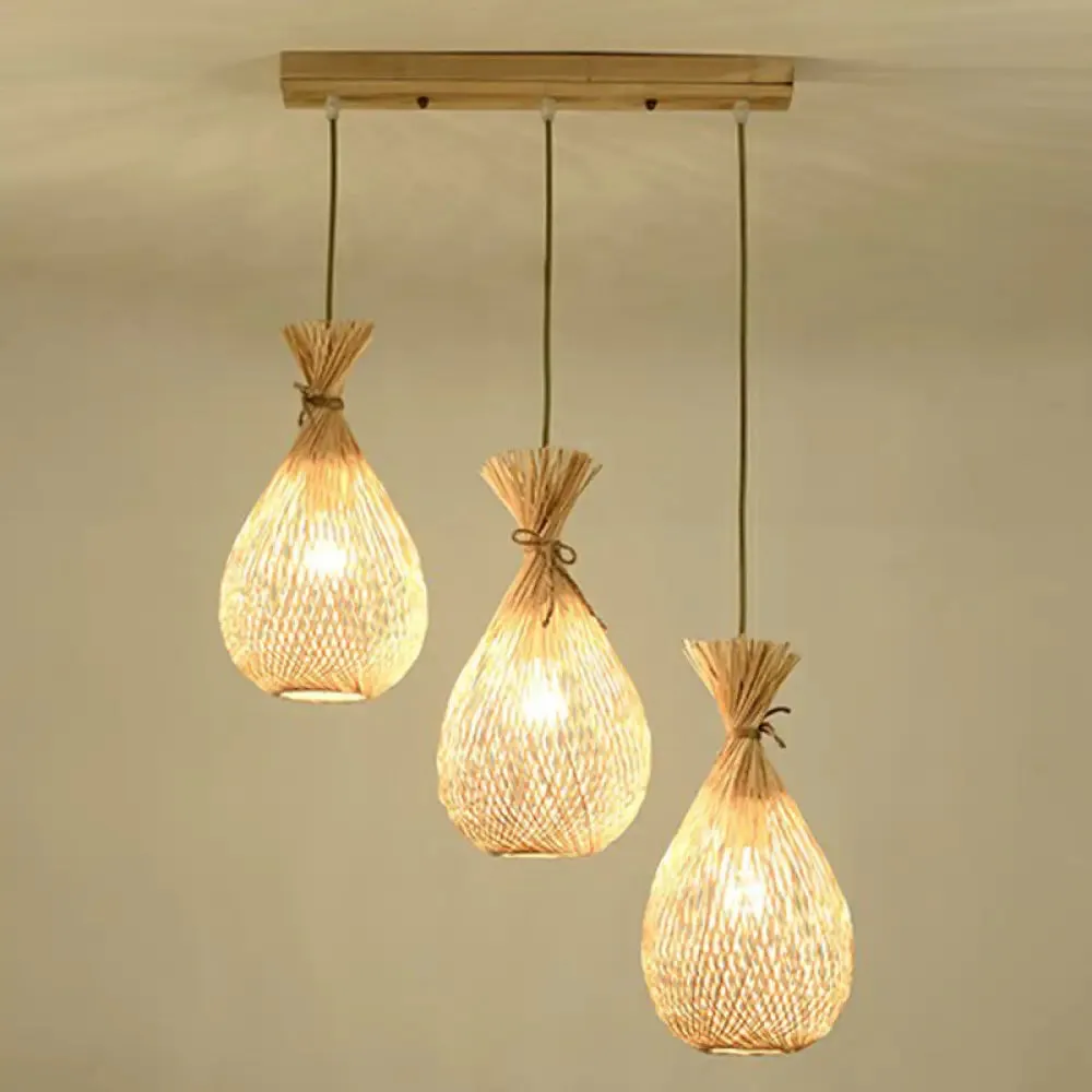 Cottage Bamboo Cluster Pendant Light Fixture - Wood Teardrop Shape, 3 Heads